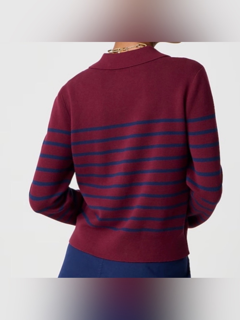 J Crew Striped collared sweater-jacket vintage burgundy navy 100% cotton medium - Picture 3 of 9